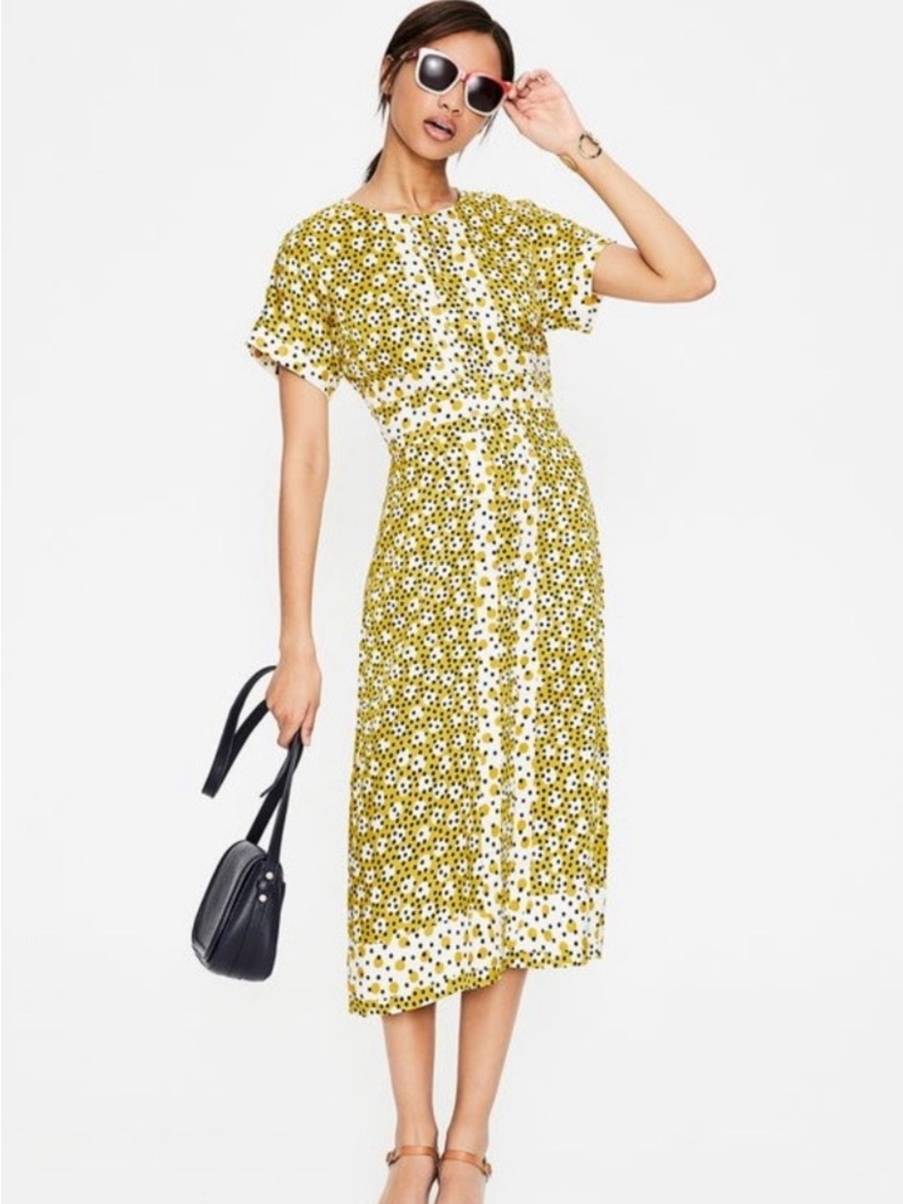 BODEN Esmeralda Yellow Polka Dot Viscose Dress Slit Neck Retro UK 10R / US 6R